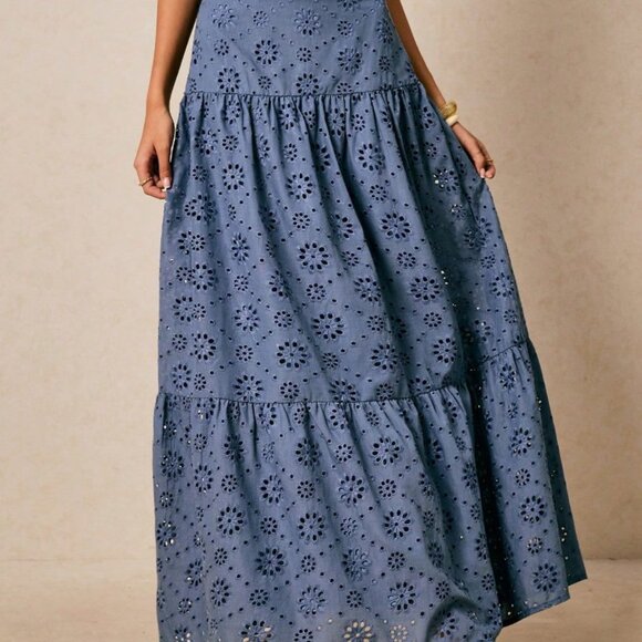 Blue Boho Women's Hollow Out Embroidered Ruffled Hem Skirt - Picture 6 of 6